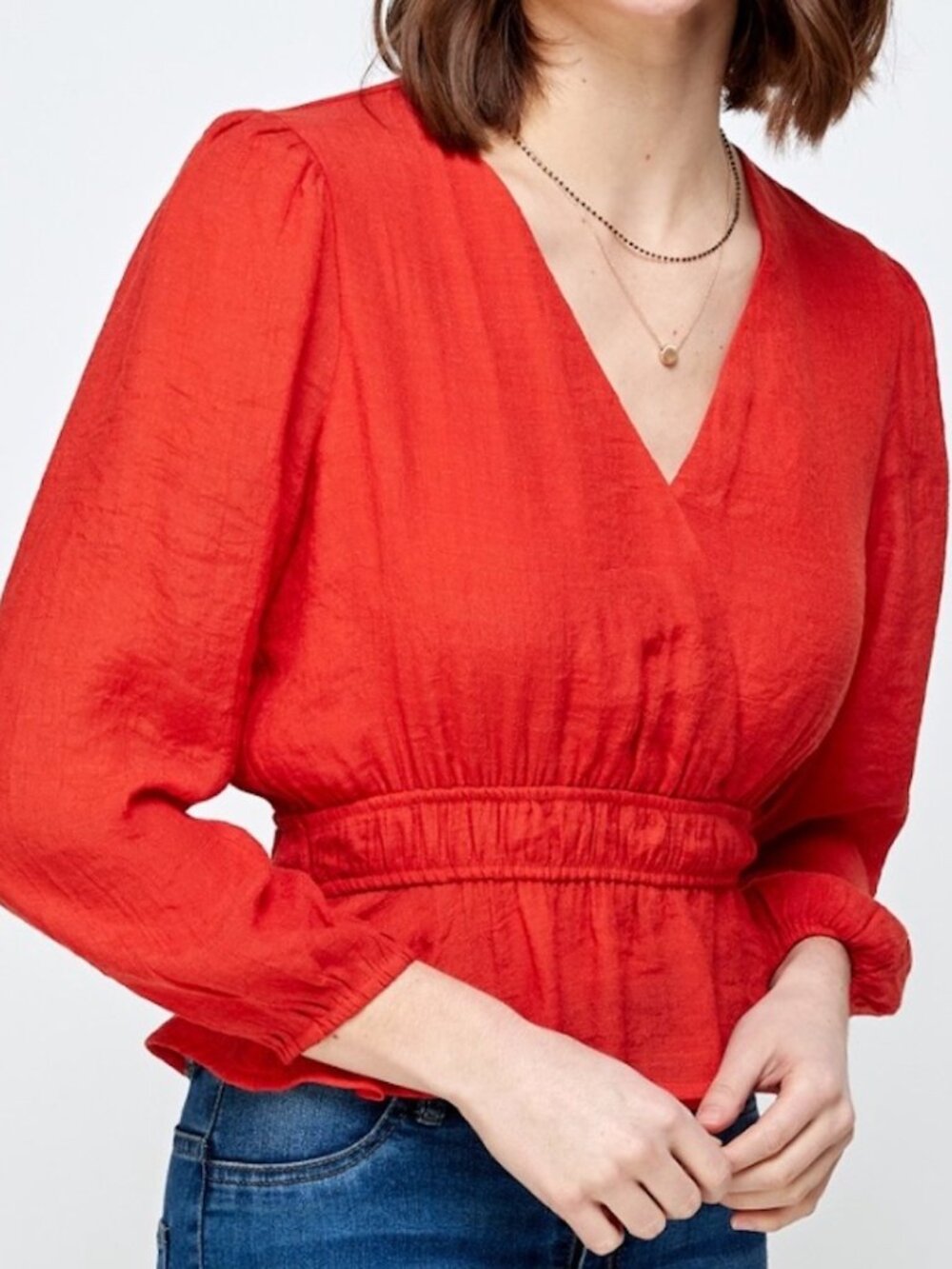NWT Faux Wrap Cinched Waist Blouse - Red | FREE SHIPPING